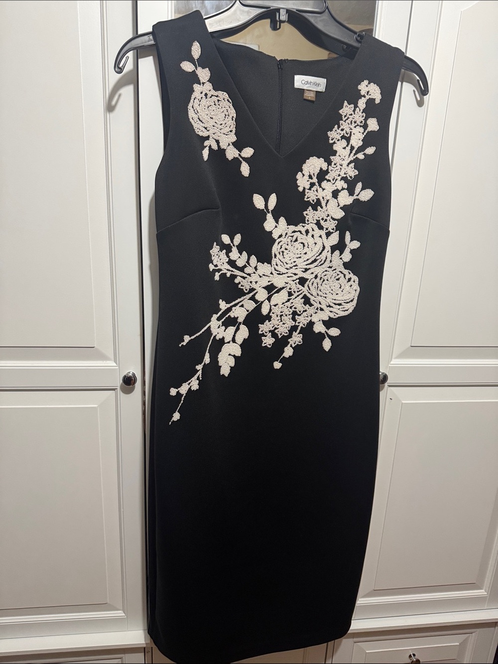 Calvin Klein Black Midi Dress with Ivory Floral Embroidery
